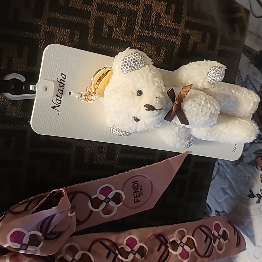 🤎Natasha Couture White Teddy Bear Bag Charm w/ Sparkling Bling Accents🤎